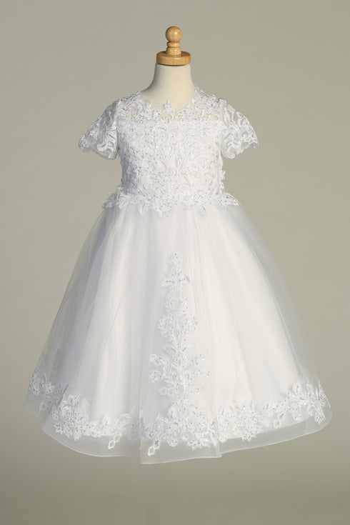 Girls White Sequin Corded Embroidered Tulle Tea-Length Communion Dress 6-12